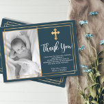 Foto av guld och marinblå baptism - tack vare dina<br><div class="desc">Enkelt, elegantens marinblå döpning och baptismfototack för dina kort. Tack till familj och vänner med den här moderna personligen tack för att du religiösor ett platt kort. Den har handskript med bokstäverna "Tack", runt dubbla faux guld foil ram på marin bakgrund. Det här vackra fototackkortet blir också perfekt för baptism/döpning/namnceremoni/bekräftelse...</div>