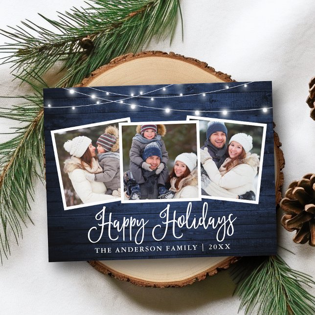 Foto av Helgdag Blue Wood String Ljus Vykort (Customize to change your personalized text size or text style.)