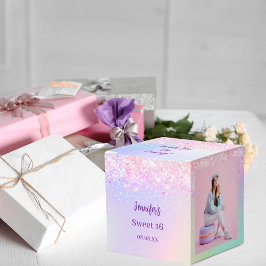 Foto av holografisk rosa lila Sweet 16 Presentaskar