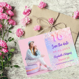 Foto av holografisk rosa lila Sweet 16 Spara Datumet
