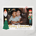 Foto av julfamiljen Guld Santa Nutcracker Cute-fam<br><div class="desc">Vykort för julljulens Guld-jultomtkracker i Cute Family Photo Foil-inbjudan</div>