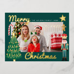 Foto av julfamiljen Guld Santa Nutcracker Cute-fam<br><div class="desc">Vykort för julljulens Guld-jultomtkracker i Cute Family Photo Foil-inbjudan</div>