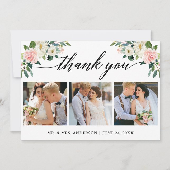 Foto av kalligrafi Rosa Vit Blommigt Bröllop 3 Tack Kort (Framsida)