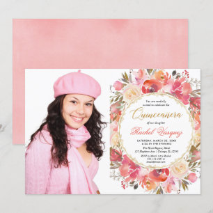 Foto av korall rosa guld blommigt Quinceanera Inbjudningar