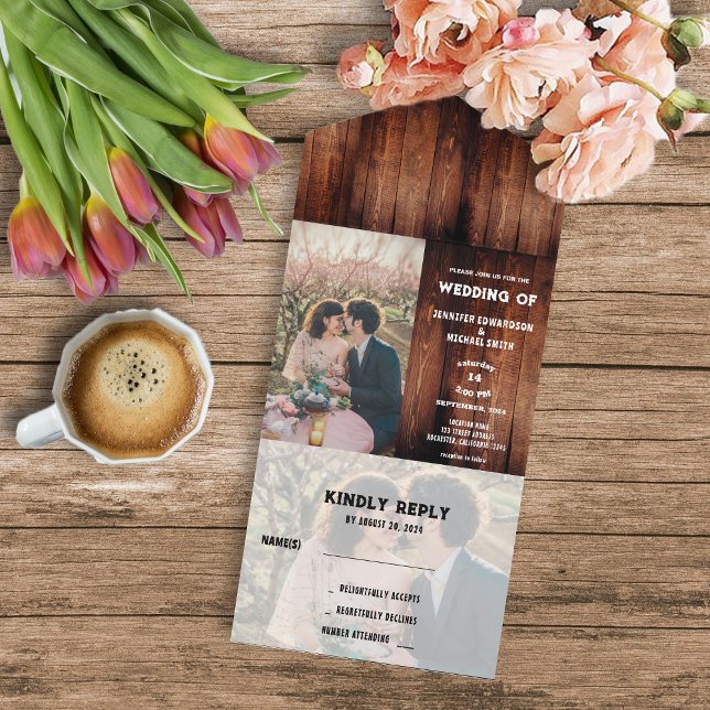 Foto av land Bröllop i Rustic lada (Rustic country farmhouse rural photo wedding invitation and RSVP card in one.)