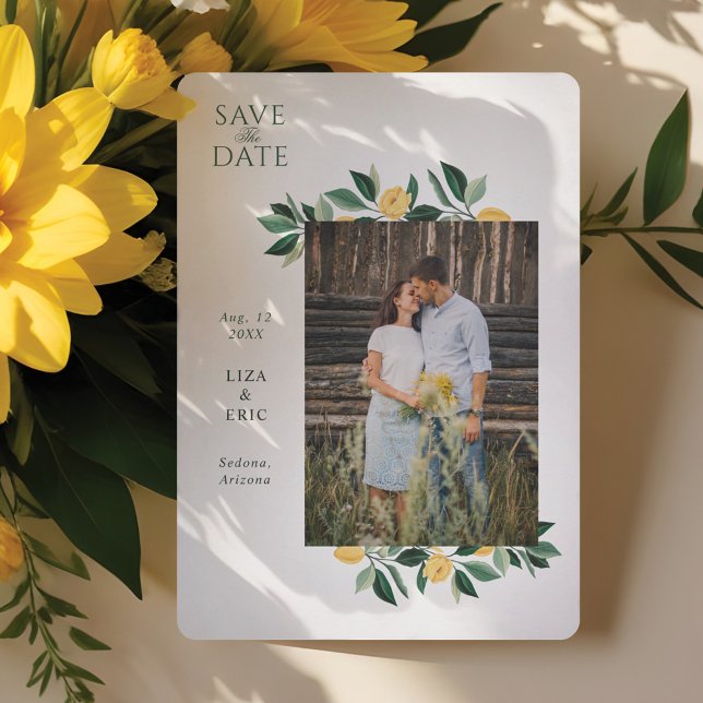 Foto av Lemon Blommar Blommigt Träd Elegant bröllo Spara Datumet (Lemon Blossom Floral Tree Elegant Wedding Photo Save The Date)