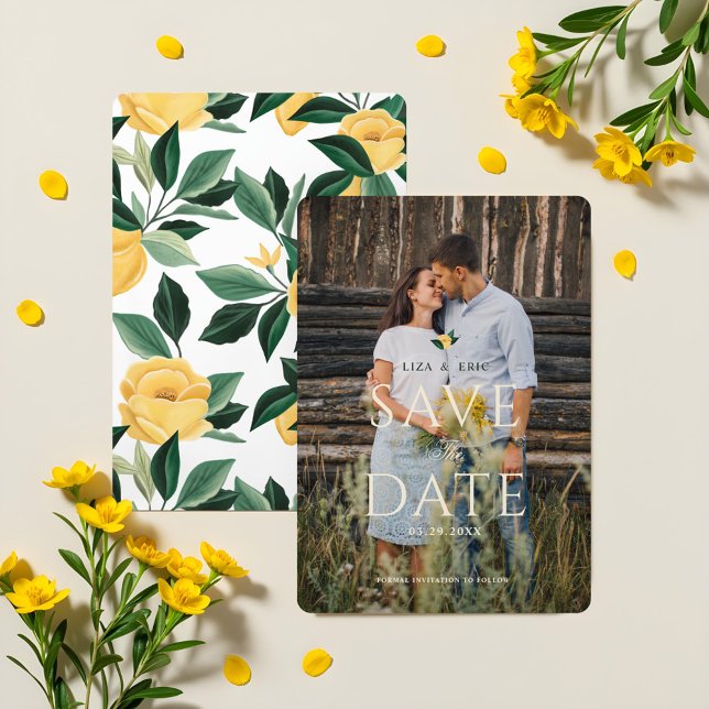 Foto av Lemon Blommar Blommigt Träd Elegant bröllo Spara Datumet (Lemon Blossom Floral Tree Elegant Wedding Photo Save The Date)
