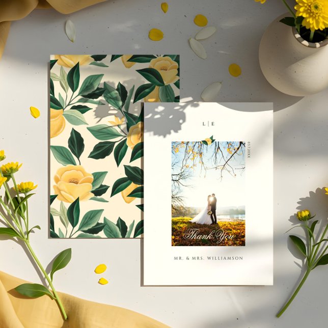 Foto av Lemon Blommar Blommigt Träd Elegant bröllo Tack Kort (Lemon Blossom Floral Tree Elegant Wedding Photo Thank You Card)