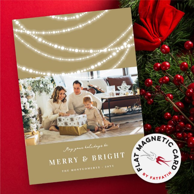 Foto av Ljus med god jul och ljus (Merry & Bright Christmas Stylish Sparkling Glowing Lights Photo Holiday Magnetic Card @ fat_fa_tin)