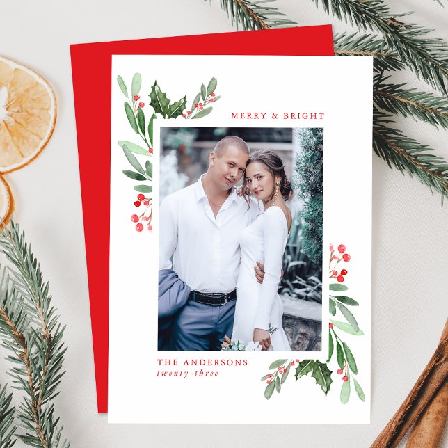 Foto av Merry & Bright Watercolor Holly Berries Julkort (Skapare uppladdad)