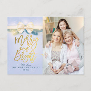 Foto av Merry och Bright Blue Guld Ribbon Hälsning Helg Vykort