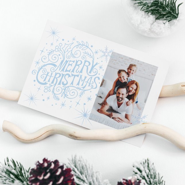 Foto av minimalistiskt blått God jul Julkort (Minimalist Blue Calligraphy Merry Christmas Photo Holiday Card
)