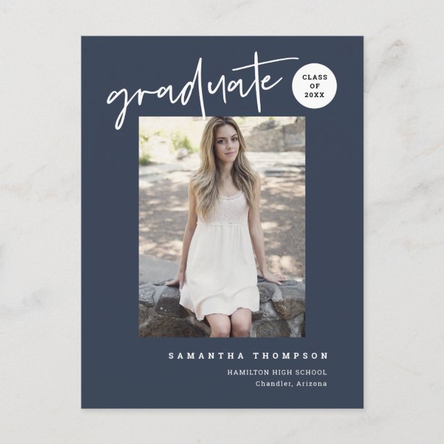 Foto av Modern Navy Blue College High School Grad  Vykort (Framsida)