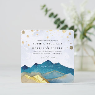 Foto av modern Watercolor Blue Guld Mountain Bröll Inbjudningar