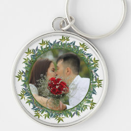 Foto av Modern Watercolor Greenery Bröllop Rund Silverfärgad Nyckelring