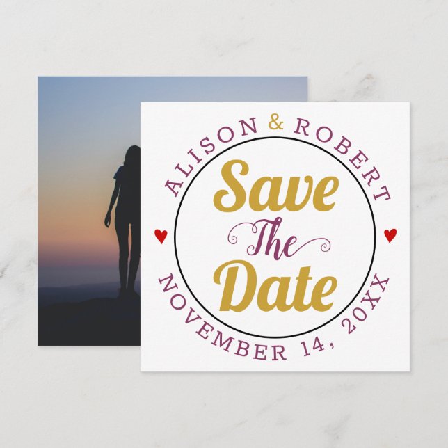 Foto av mulberry typography hearts på baksidan av  spara datumet (Fram/baksida)