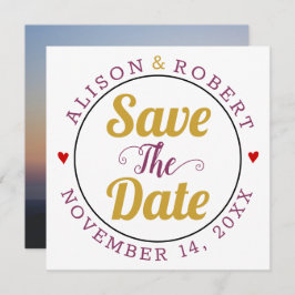 Foto av mulberry typography hearts på baksidan av  spara datumet