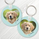 Foto av Pet hund inuti hjärtat med namn aqua blue Nyckelring<br><div class="desc">Aqua Blue eller anpassningsbar färg nyckelring med ett foto på ett hjärta med namn i ett handskrivet stil-skript. Utskrift på dubblan.</div>