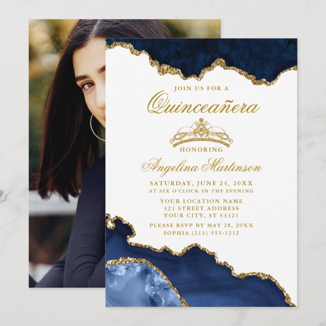 Foto av Quinceanera Blue Guld Marble Krona Inbjudningar (Fram/baksida)