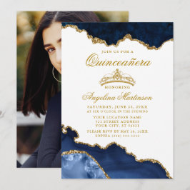 Foto av Quinceanera Blue Guld Marble Krona Inbjudningar