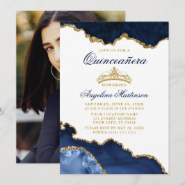 Foto av Quinceanera Blue Marble Guld Krona Inbjudningar