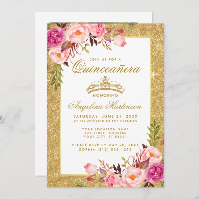 Foto av Quinceanera Krona Rosa Blommigt Guld Glitt Inbjudningar (Fram/baksida)