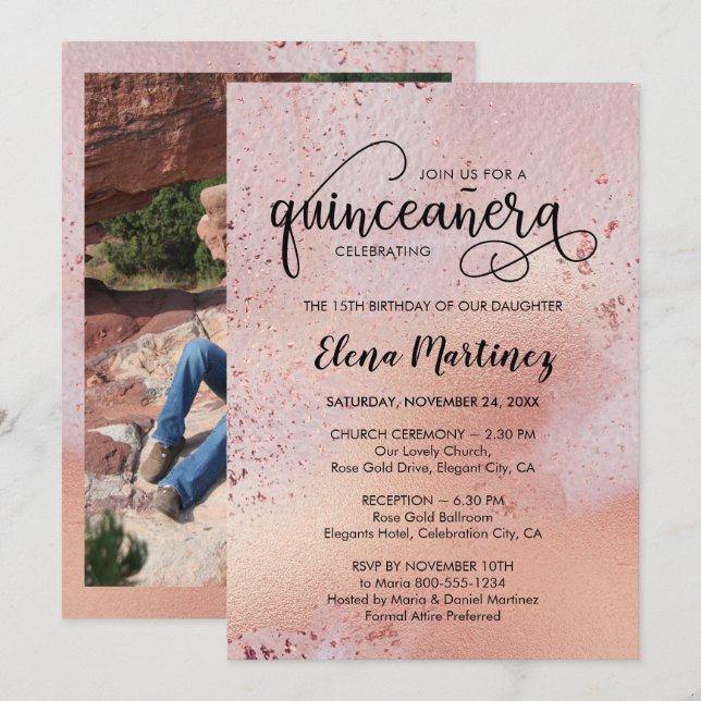Foto av Quinceanera och Mass Elegant Ro Guld Inbjudningar (Fram/baksida)