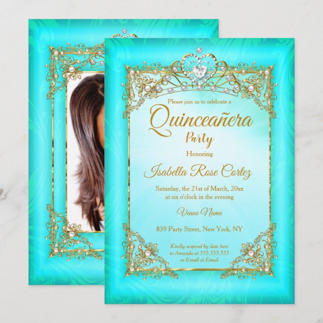 Foto av Quinceanera Teal blue pearl Guld Tiara par Inbjudningar (Fram/baksida)