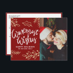 Foto av Red Warvarmaste Önskemål Calligraphy Helgd Helg Vykort<br><div class="desc">Skicka dina varmaste hälsningar till familj och vänner med det här helgdag-vykortet för anpassadet. Den har modern kalligrafi med accenter från guld löv. Anpassa genom att lägga till information. Det här fotojulkortet finns i andra färg och på andra kartonger. Matchande objekt är tillgängliga.</div>