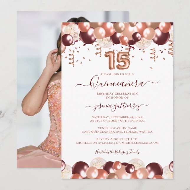 Foto av Ro Guld Quinceañera Glitter Balloon Photo Inbjudningar (Fram/baksida)