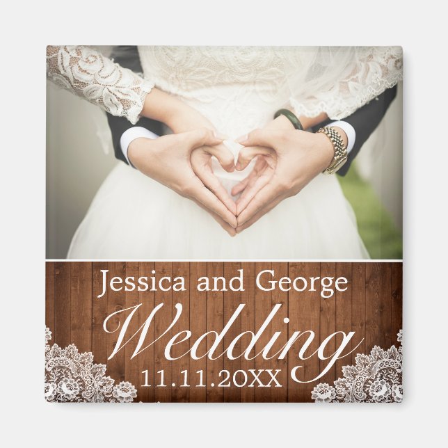 Foto av rostfritt trä och vitt Snöre-Bröllop Magnet (Framsidan)