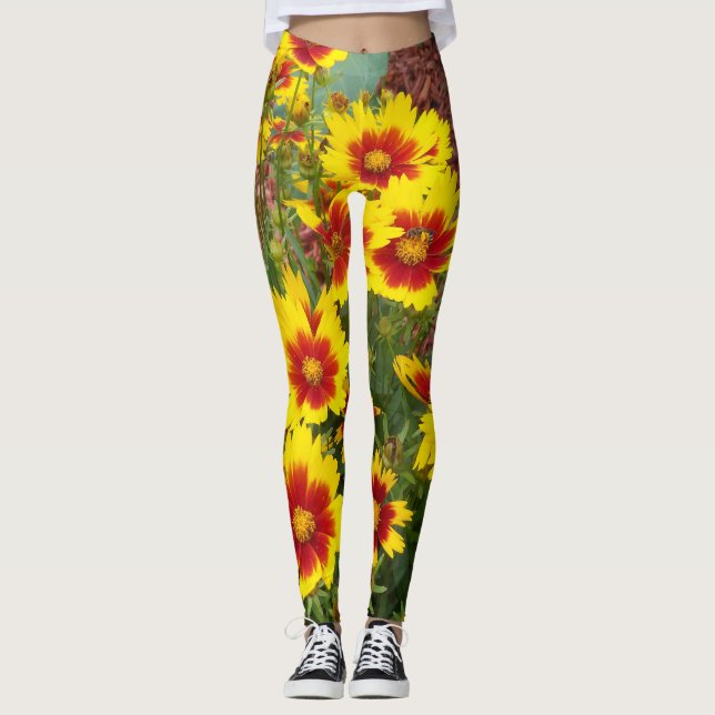 Foto av rött och gult Coreopsis Flowers på Leggings (Framsida)