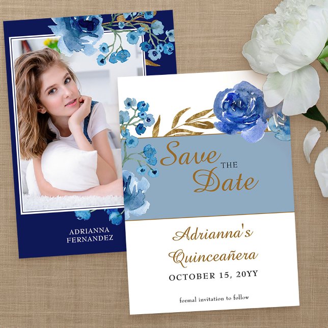 Foto av royal Blue Ro och Guld Löv Quinceanera Spara Datumet (Photo Save the Date from my Rose and Gold Leaf quinceanera collection)