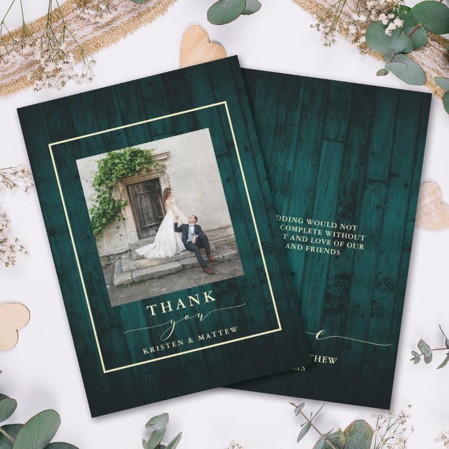 Foto av Rustic Wood Teal Bröllop Tack Kort (Skapare uppladdad)