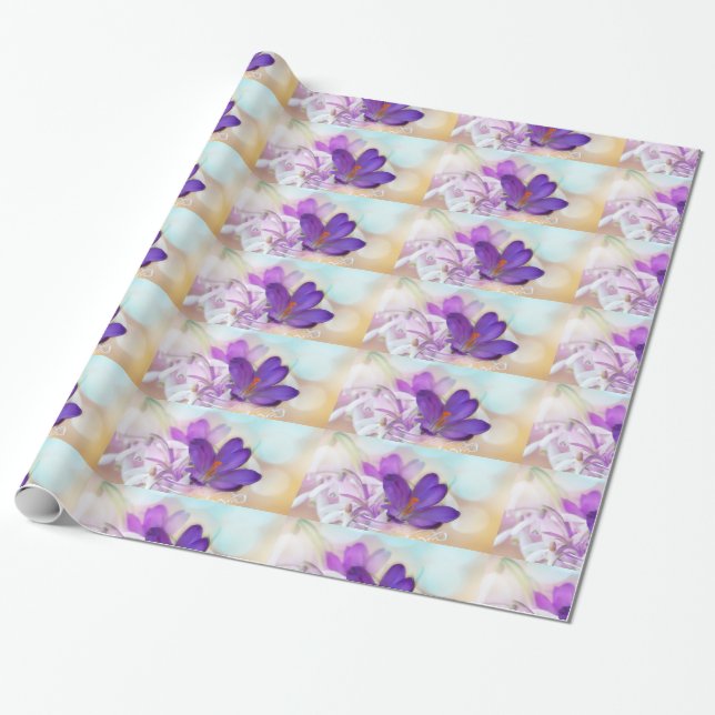 Foto av Söt Lila Vår Crocus Patterned Presentpapper (Utrullad)