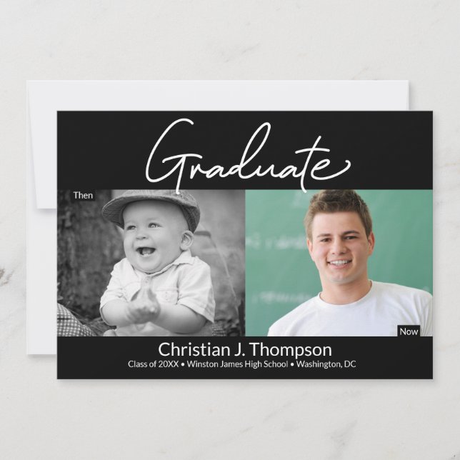Foto av student då och nu på gymnasieskolan Grad Meddelande (Framsida)