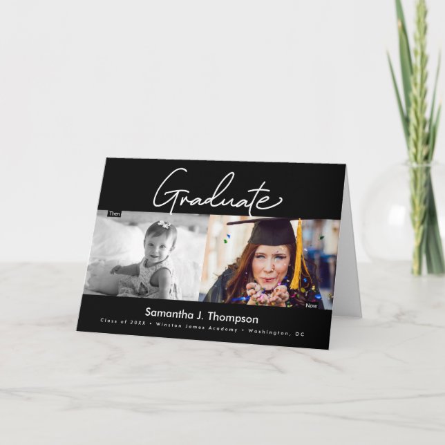 Foto av student då och nu på gymnasieskolan Grad Meddelande (Framsida)