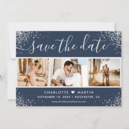 Foto av typen Blue Silver Glitter Confetti Bröllop Spara Datumet