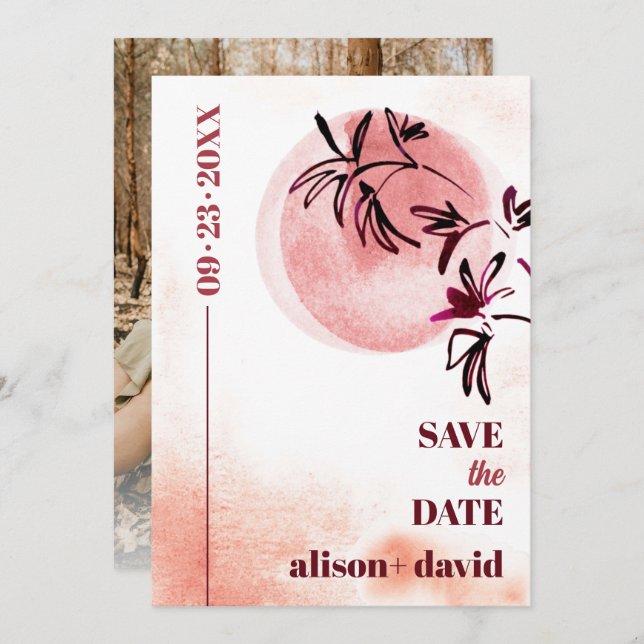 Foto av vattendfärg gren och måne Japandi Spara Datumet (Fram/baksida)