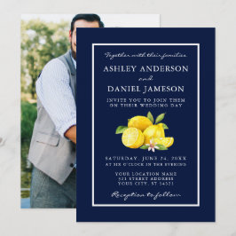 Foto av vattendfärg Lemons Greenery Blue Bröllop Inbjudningar