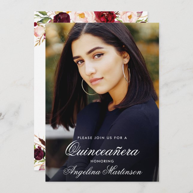 Foto av vattenfärg Burgundy Blommigt Guld Quincean Inbjudningar (Fram/baksida)