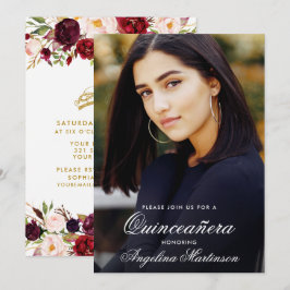Foto av vattenfärg Burgundy Blommigt Guld Quincean Inbjudningar
