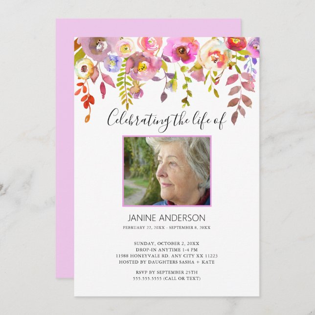 Foto av vattenfärgen Drop Life Firande Blommigt Inbjudningar (Fram/baksida)