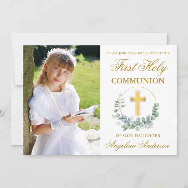 Foto av vattenfärgen Eucalyptus First Communion Gu Inbjudningar (Framsida)