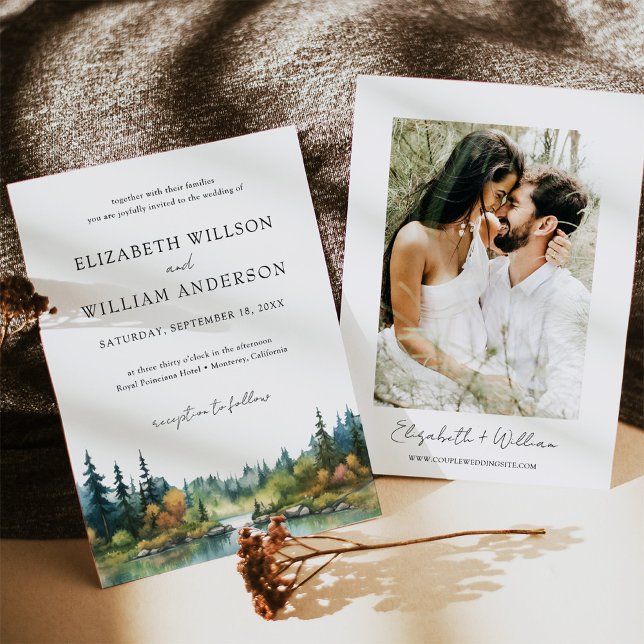 Foto av Watercolor Forest Evergreen Träd Bröllop Inbjudningar (Watercolor Forest Evergreen Tree Wedding Photo Invitation)