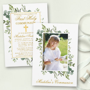 Foto av Watercolor Greenery Guld First Communion F Inbjudningar