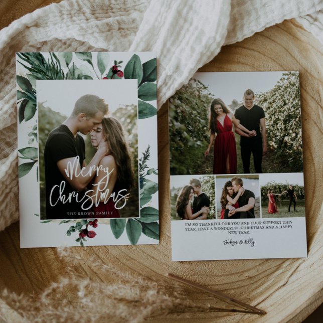 Foto av Watercolor Greenery Red Berries Photo Julkort (Skapare uppladdad)