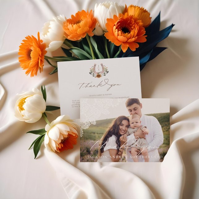 Foto av westerna Snöre Blommigt Horseshoe Baby Tack Kort (Western Lace Floral Horseshoe Baby Photo Thank You Card)