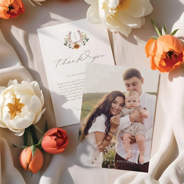 Foto av westerna Snöre Blommigt Horseshoe Baby Tack Kort (Western Lace Floral Horseshoe Baby Photo Thank You Card)