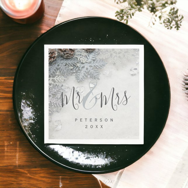 Foto av Winter wonderland silver snö, Mr & Mrs. Pappersservett (Winter wonderland silver snow photo Mr & Mrs Napkins)